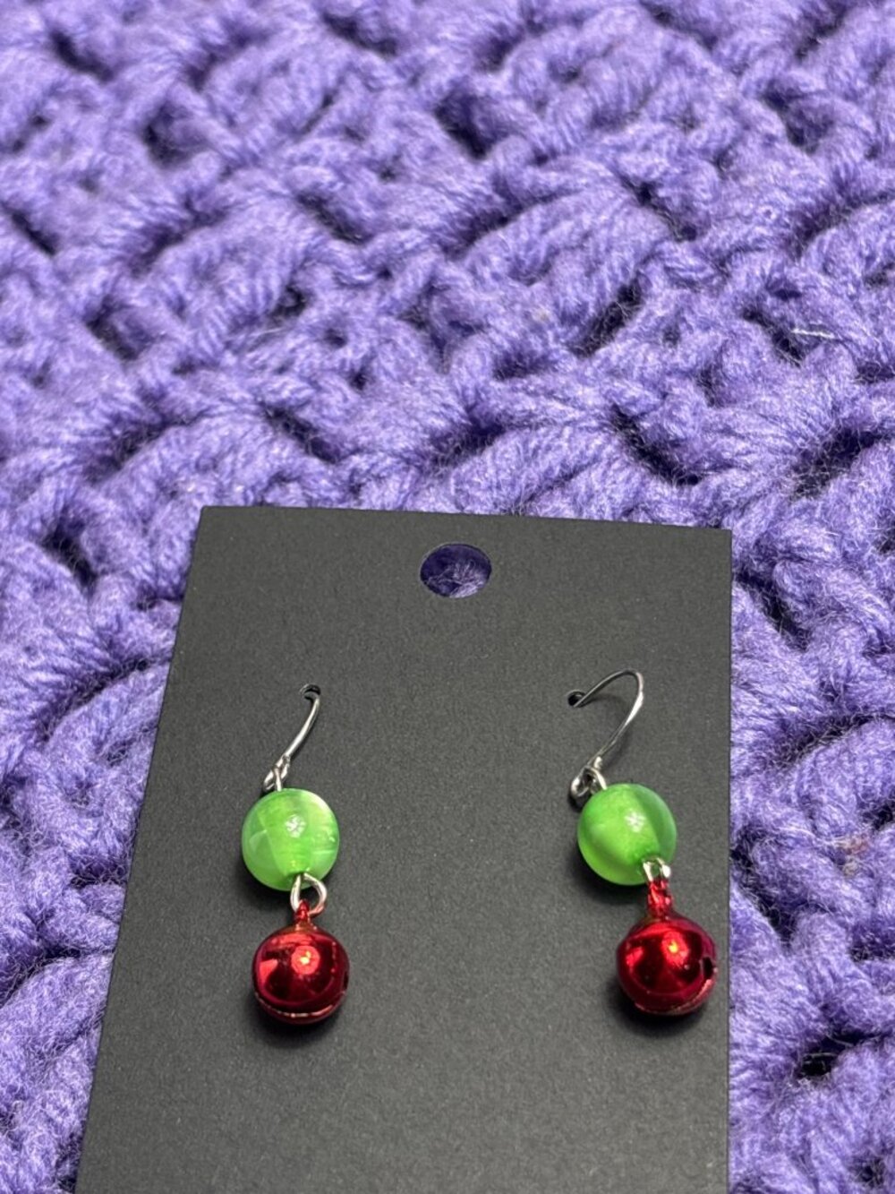Christmas Bead Dangle Earrings Green Moonglow Red Metal Jingle Bells